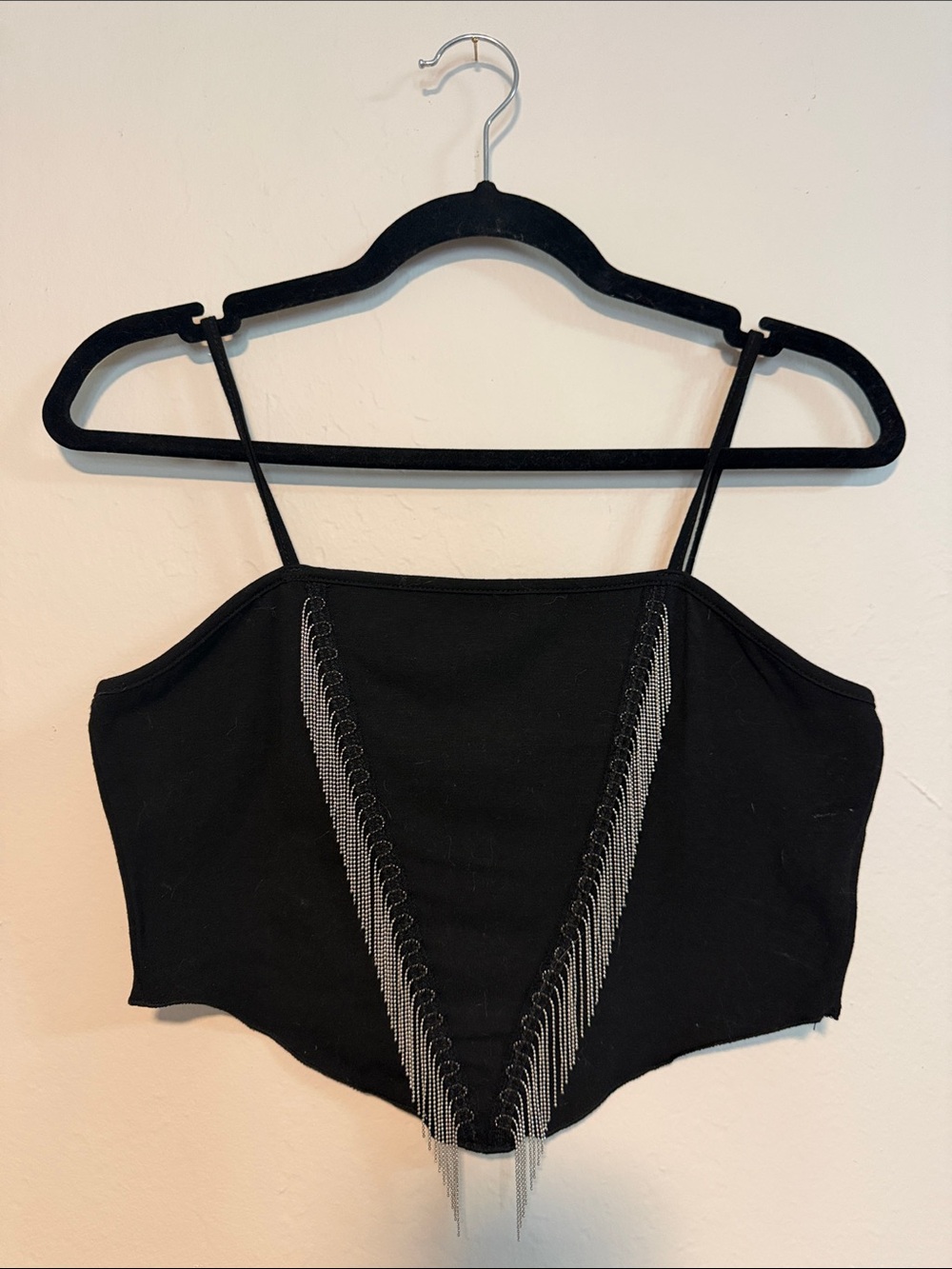 Black Chain-Trim Spaghetti Strap Crop Top